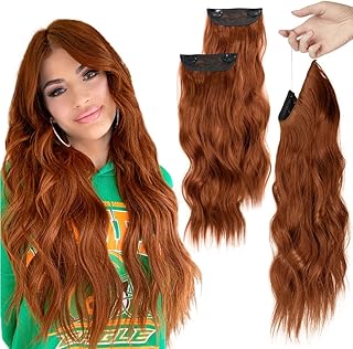 2023 Upgrade Invisible Wire Hair Extensions，UAmy hair 20 Inch Hair Extensions with Adjustable Size and 2 Extra Clip in Hair Extensions，Long Curly Wavy Synthetic Hairpieces for Women(Copper Red)