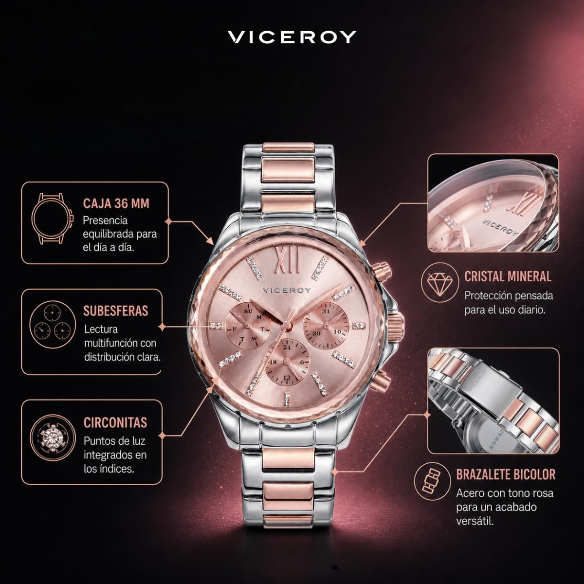 Viceroy Reloj Analógico Mujer de Acero Inoxidable - 36 mm - Movimiento de Cuarzo - Esfera Rosa con Circonitas - Resistente al Agua 5 ATM - Colección Chic – 40930-73