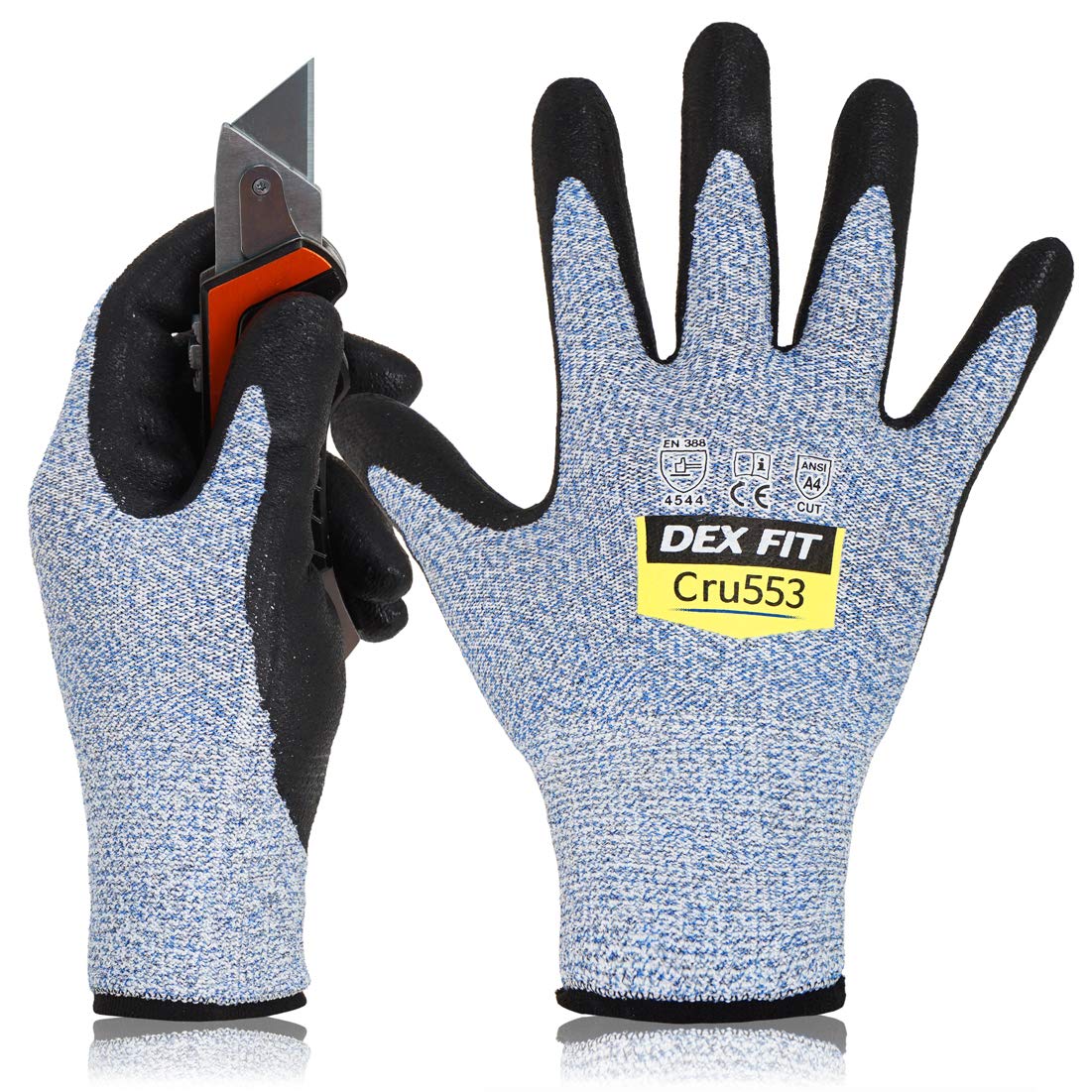 DEX FIT Level 5 Cut Resistant Gloves Cru553, 3D Comfort Stretch Fit, Power Grip, Durable Foam Nitrile, Smart Touch, Machine Washable, Thin & Lightweight, Blue 8 (M) 1 Pair
