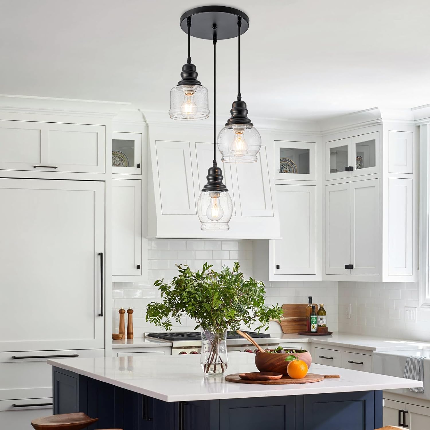 WILON Pendant Light Fixtures, 3 Light Pendant Lighting for Kitchen Island Industrial Hanging Pendant Lighting with Seeded Glass Shade, Black Glass Pendant Light for Dining Room Kitchen Island