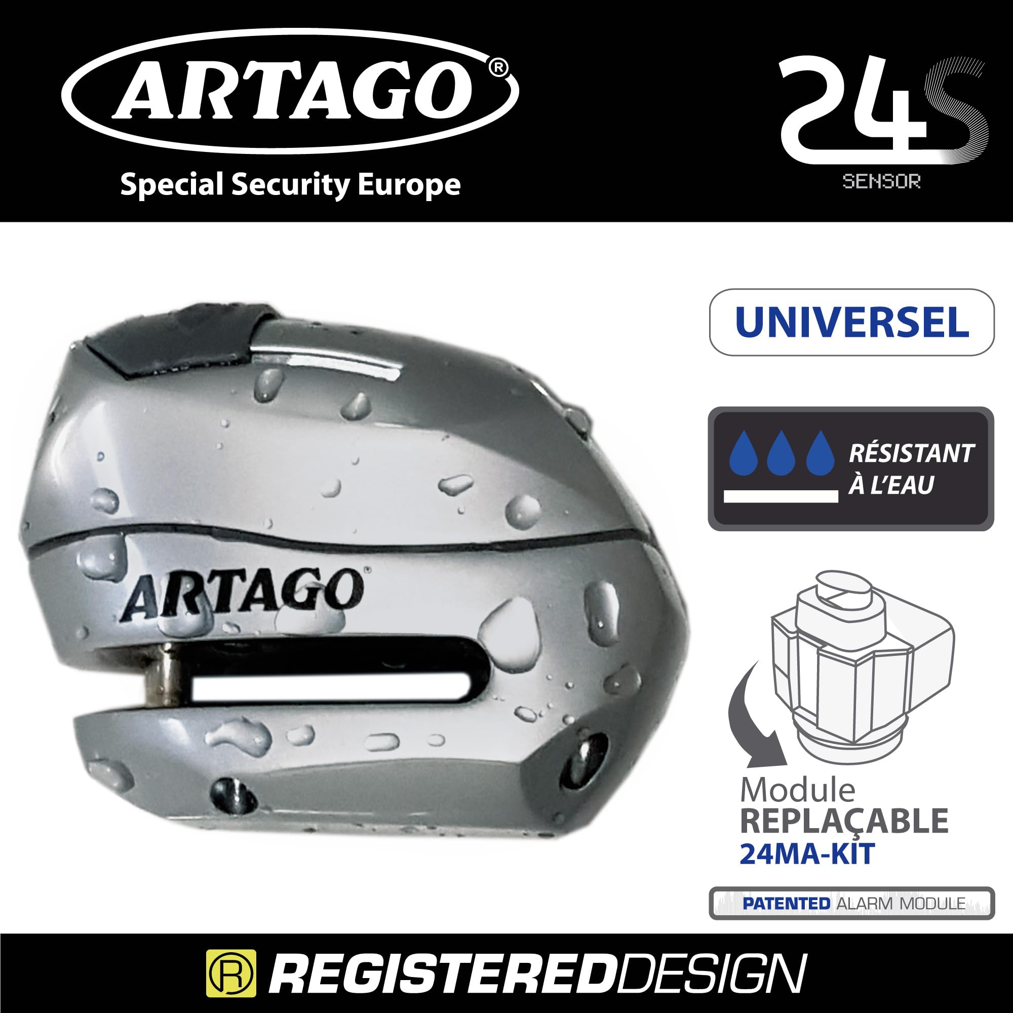 Artago 24S.6M Bloque Disque Moto Alarme 120dB Bouton ON, Fonction d'Avertissement, LED, Batterie Longue Durée, Support Optionnel, ø6mm, Bloc Frein Roue Universel Scooter, Velo, Trottinette Electrique