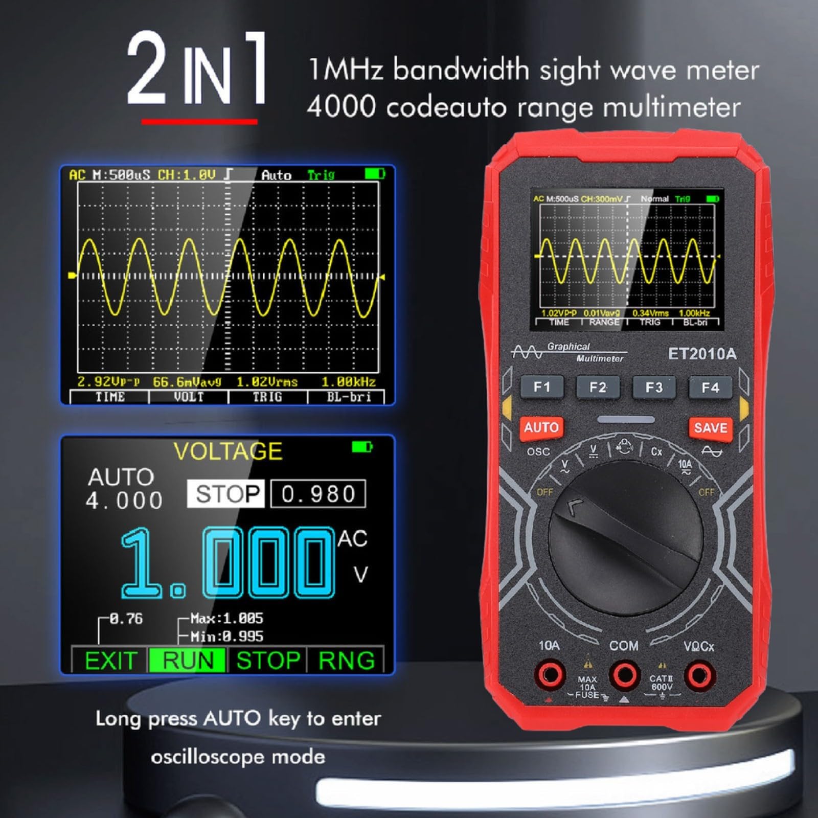 ET2010A Oscilloscope et multimètre 2 en 1, bande passante de 1 MHz, DMM, écran couleur de 6,1 cm avec stockage de données pour réparation électronique automobile