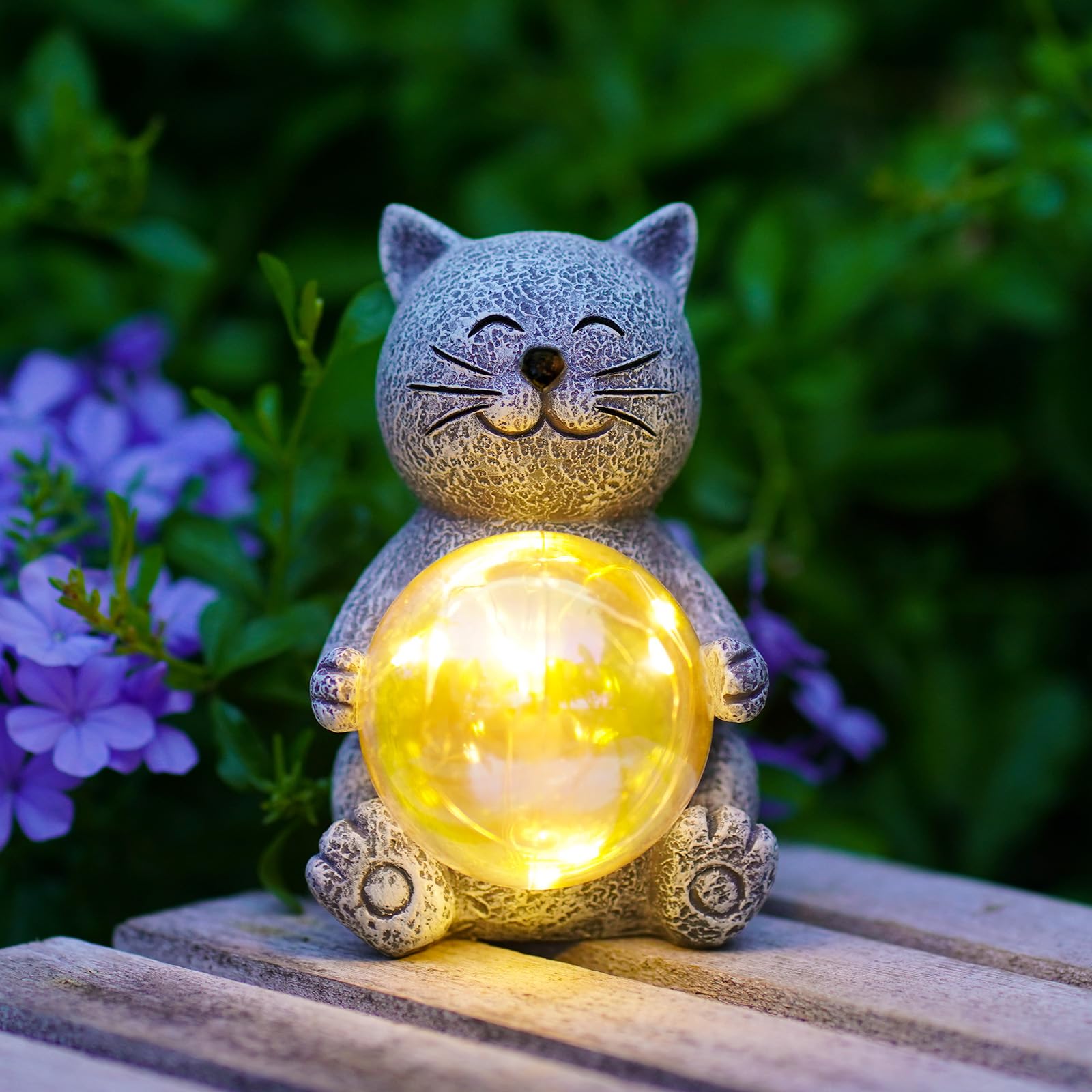 Goodeco Solar Powered Sitting Cat Statue with Glowing Ball