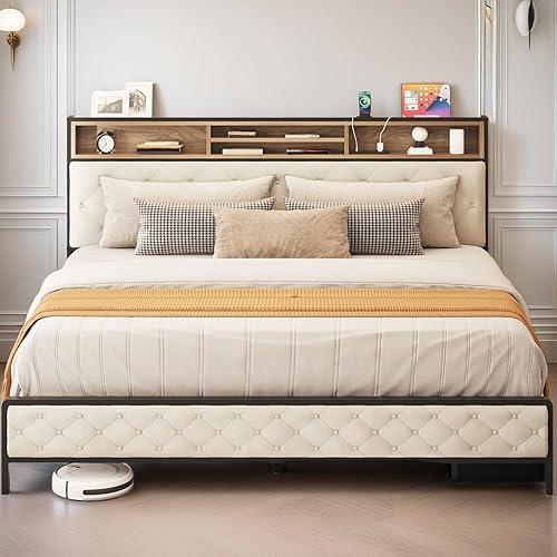 Miniatura 3 de YITAHOME Base de cama de plataforma tamaño Queen con cabecera de 45.2 pulgadas de alto, cabecera de almacenamiento tapizada con estación de carga,