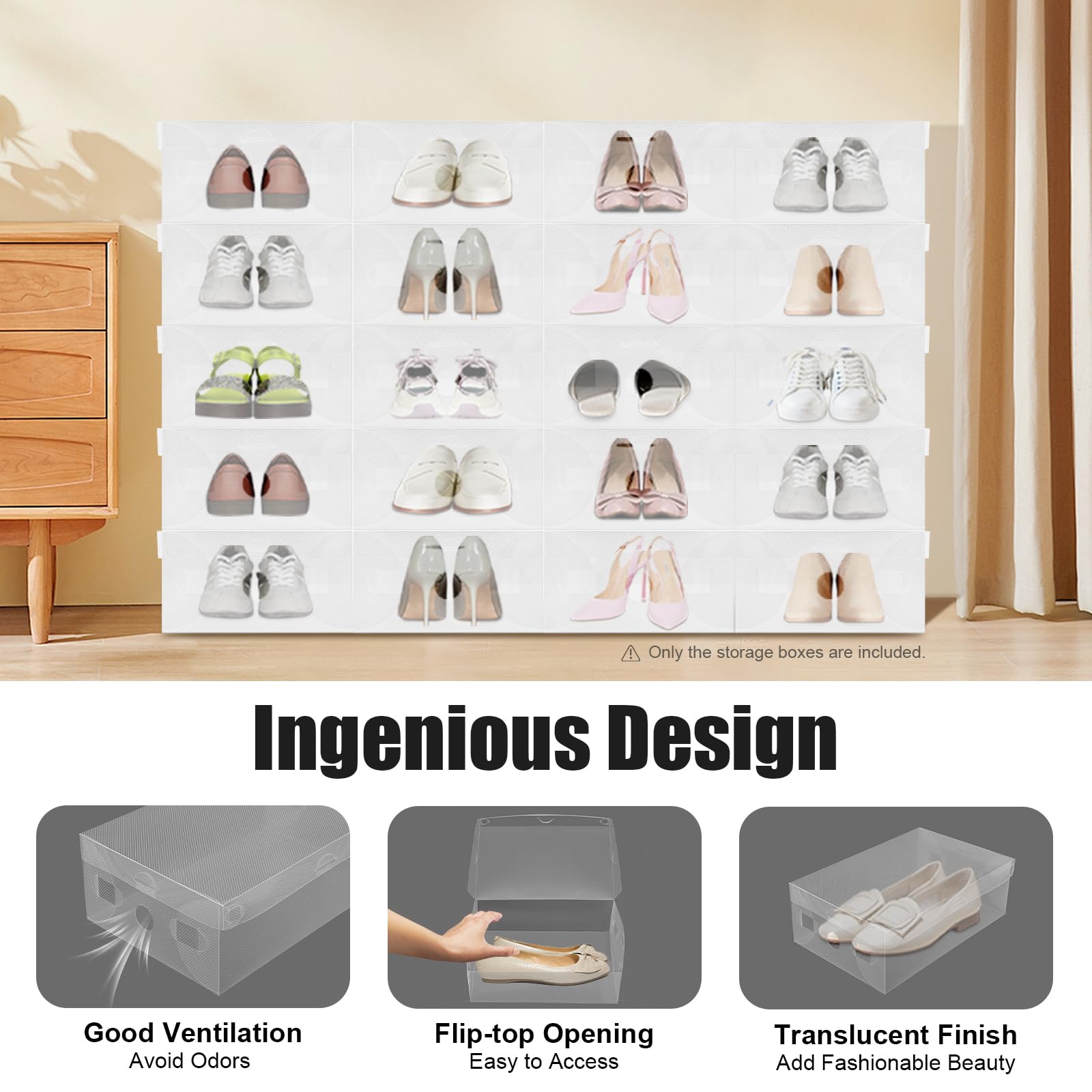 Scatole per scarpe impilabili, trasparenti, 20 pezzi, in plastica con coperchio, 28 x 18 x 10 cm, con fori di ventilazione