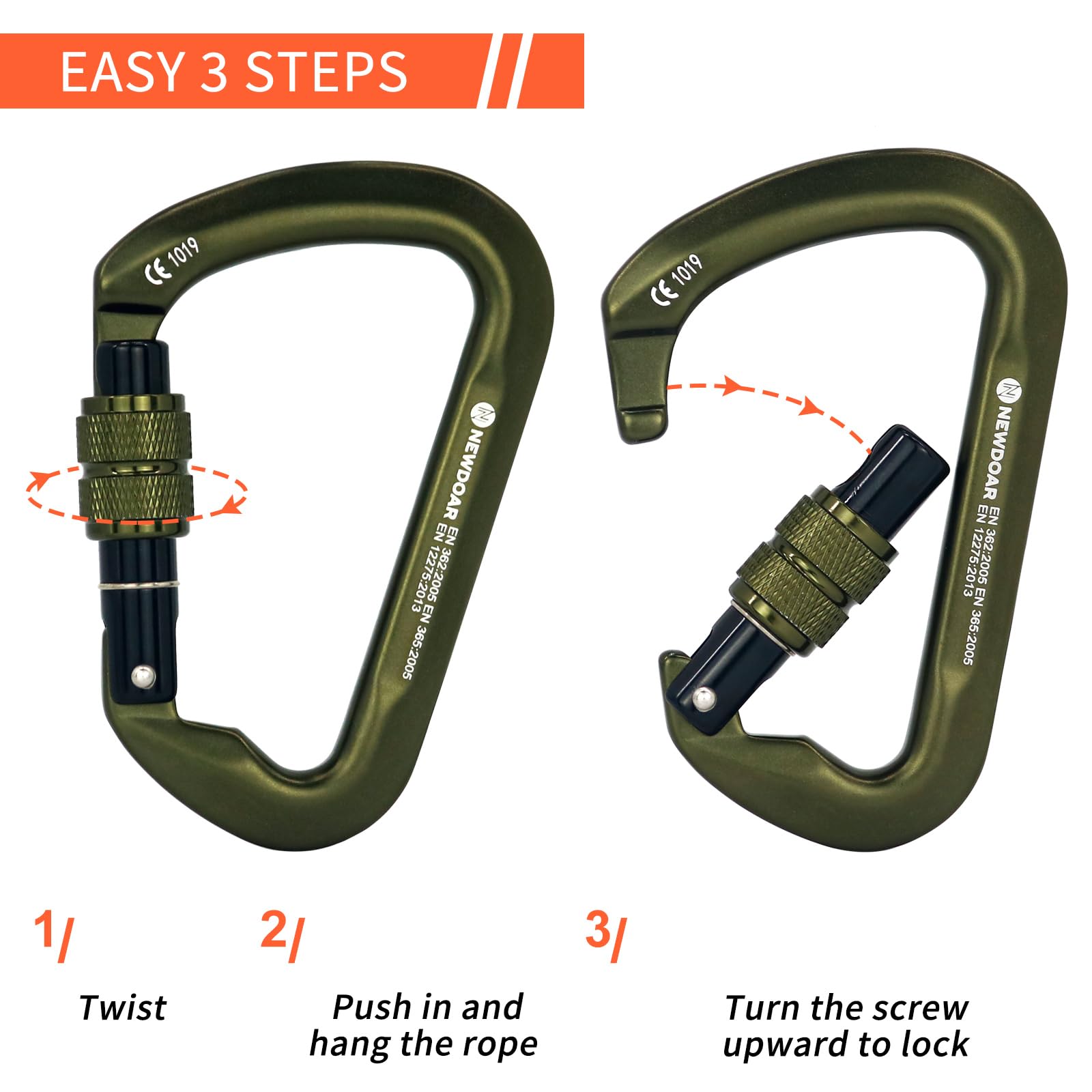 NewDoar 30KN CE-zertifizierter Kletter Karabiner Professioneller Hochbelastbarer D-Schraub Karabiner mit Verriegelungsclip für Felsklettern, Abseilen, Rettung, Bergsteigen und Abseilen