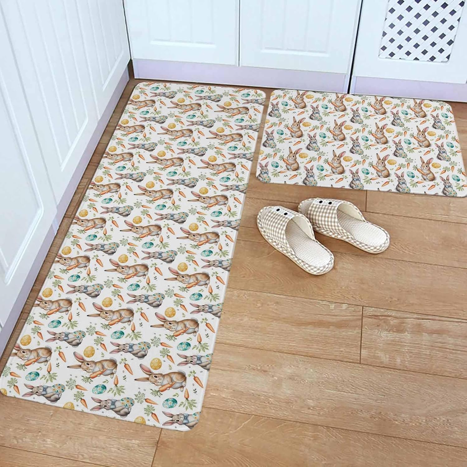 Happy Easter Kitchen Rugs and Mats Set of 2, Non-Slip Kitchen Sink Mat, Spring Bunny Colorful Eggs Carrots Leaves Washable Doormat Bathroom Rugs Runner for Bedroom/Living Room 19.7"x31.5"+19.7"x63"