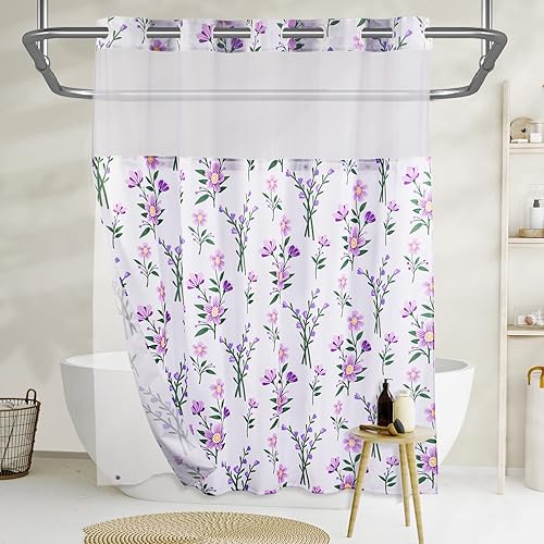 Lagute SnapHook - Cortina de ducha floral con forro a presión para baño, no necesita gancho, ventana superior de malla, lavable a máquina, grado de