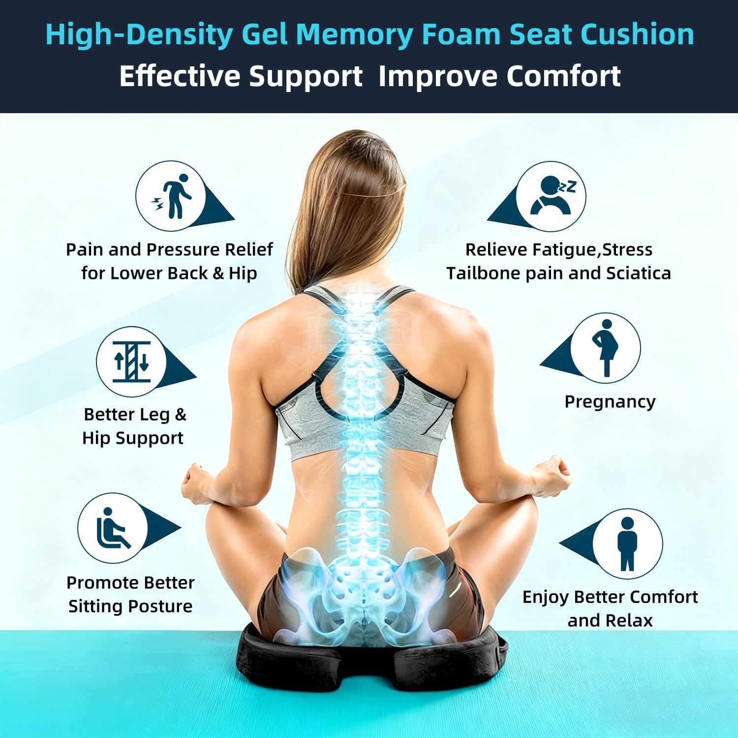 Gel Memory Foam Office Chair Seat Cushion,Breathable Seat Cushion for Long Sitting - Back,Sciatica,Coccyx,Tailbone Pain Relief Pillow Hip Butt Pad- for Office Home Chair, Car Seat,Wheelchair (Black) - Image 5