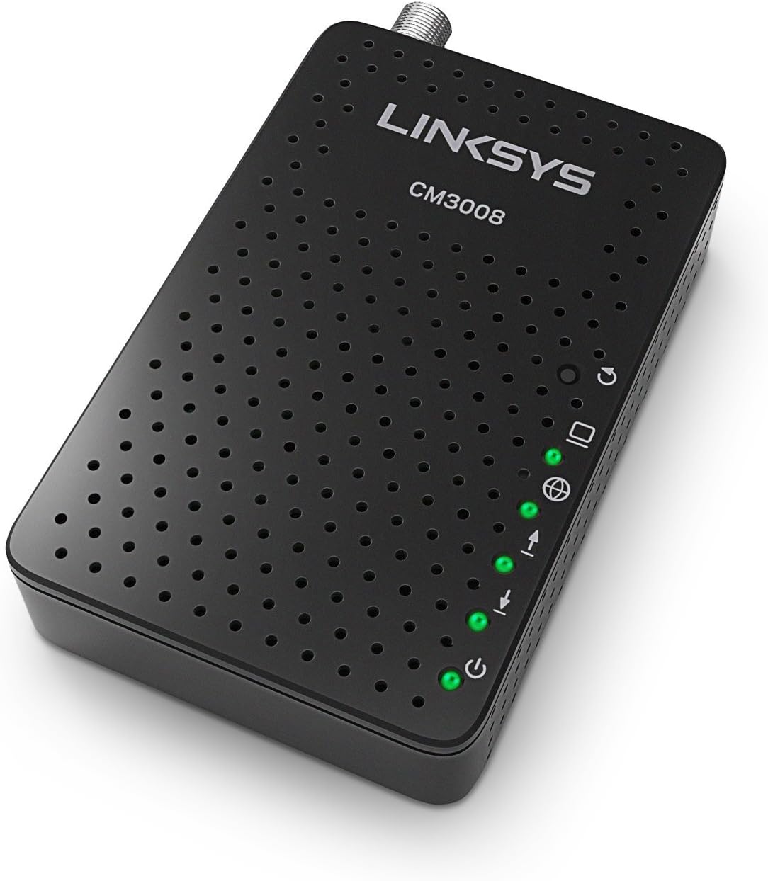 Linksys CM3008 Cable Modem angled view amb indicadors LED