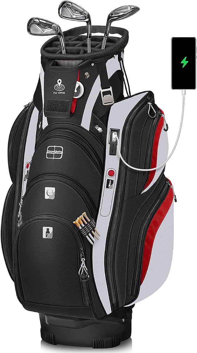 Golf Cart Bag, Cool Mens Golf Gifts with 15 Way Divider Top | Cooler Pocket, Waterproof Protective Rain Cover, Shoe Compartment, Tracker Slot, USB Charging Port, Umbrella Holder