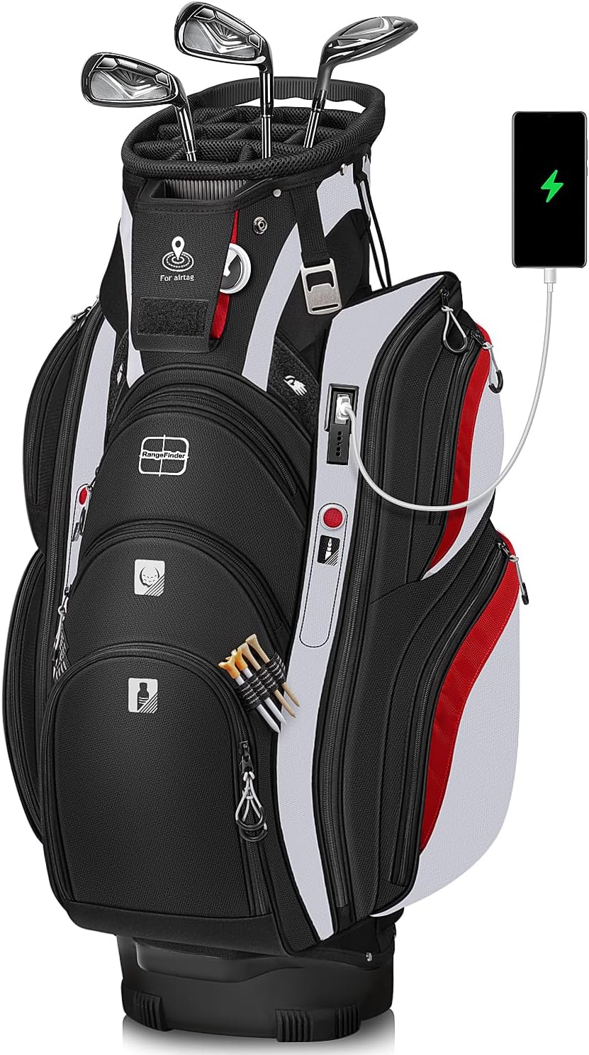 Vancropak Golf Cart Bag with 15 Way Divider Top, USB Charging Port, Waterproof Cover, Shoe Compartment, Cooler Pocket