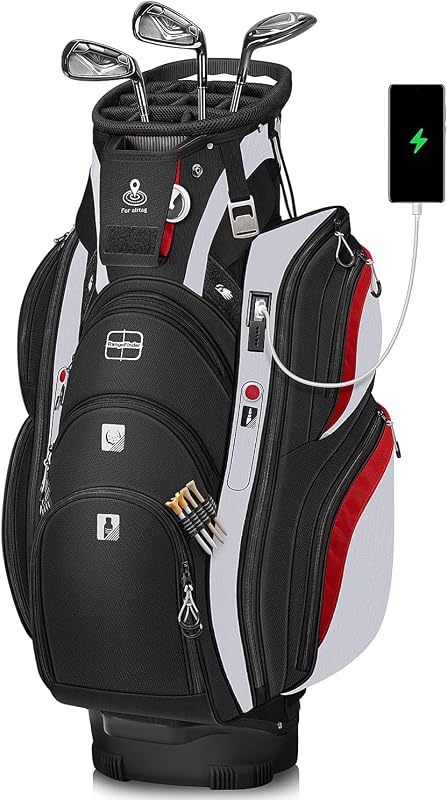 Golf Cart Bag, Cool Mens Golf Gifts with 15 Way Divider Top | Cooler Pocket, Waterproof Protective Rain Cover, Shoe Compartment, Tracker Slot, USB Charging Port, Umbrella Holder