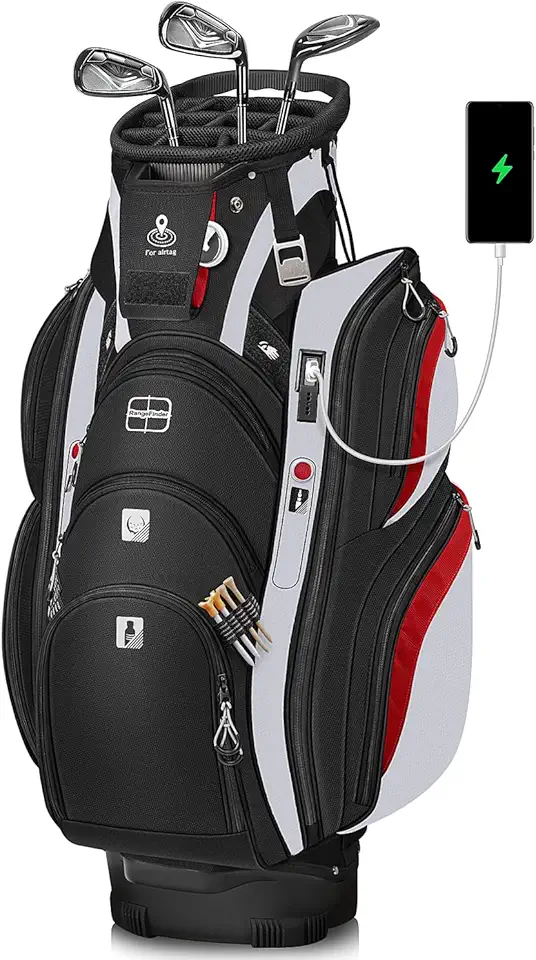 Vancropak Golf Cart Bag, Golf Gifts for Men with 15 Way Divider Top, USB Charging Port, Waterproof Protective Rain Cover, Shoe Compartment, Cooler Pocket, Tracker Slot, Umbrella Holder, Golfer Gifts