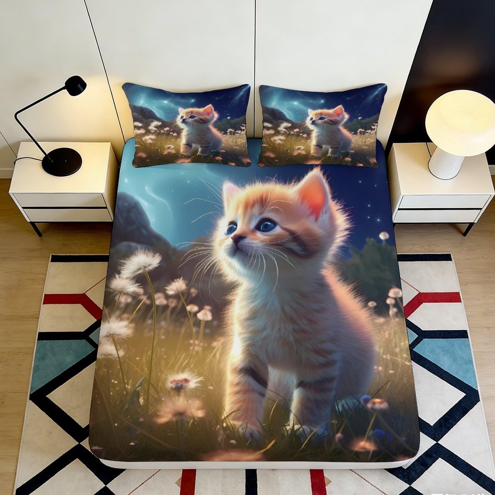 Kzqnxhjprl Style-1 3D Printed Cute Kitten Fitted Sheet Microfiber Soft Breathable Night Meadow Bed Cover For Bedroom Dorm Mattress Decor 90X200x25cm