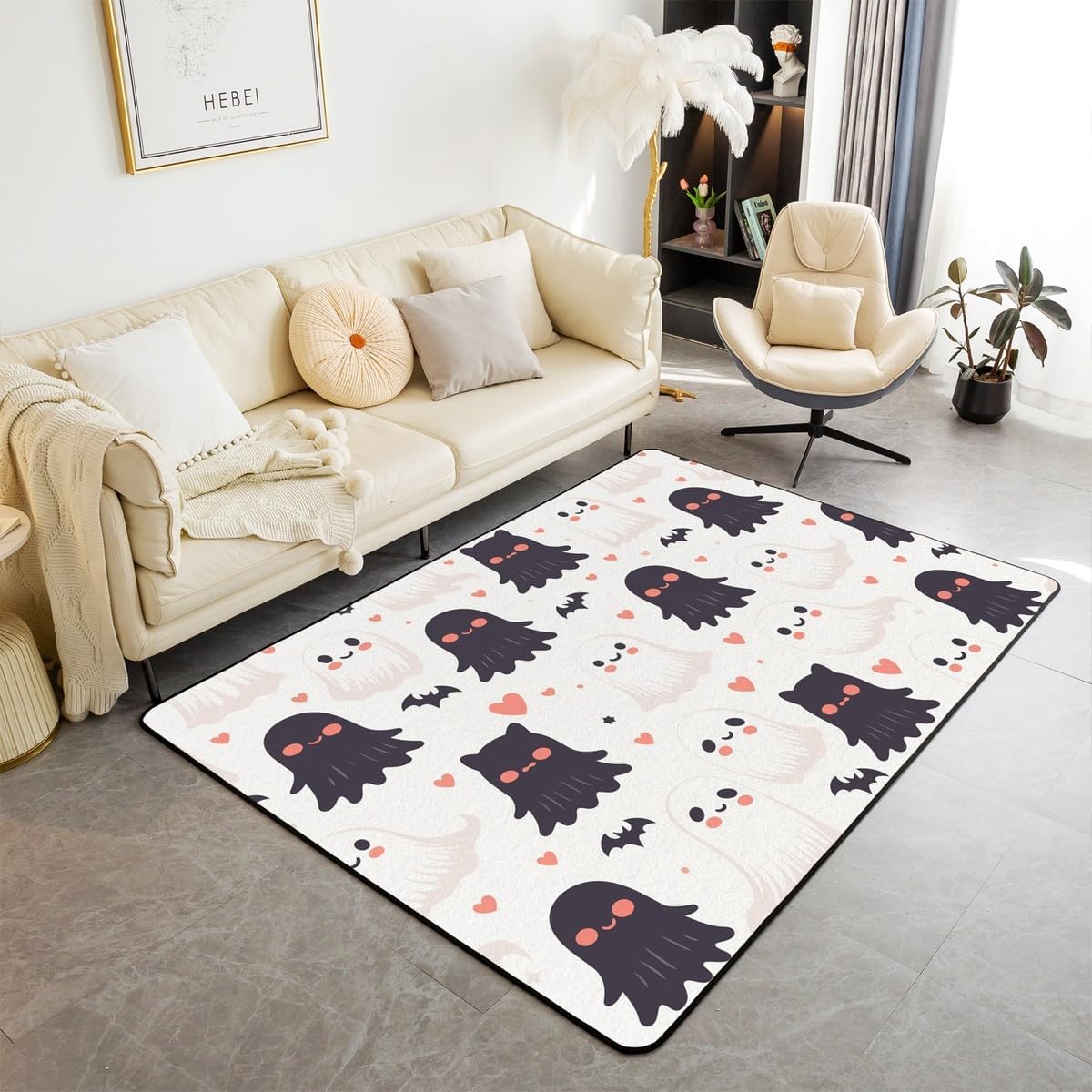 Feelyou Kids Cartoon Cute Ghost Living Room Rugs Halloween Theme Ghost Bats Area Rug 3x5 Teens Boys Girls Room Decor Black White Ghost Decorative Carpet Black Bats Accent Rug