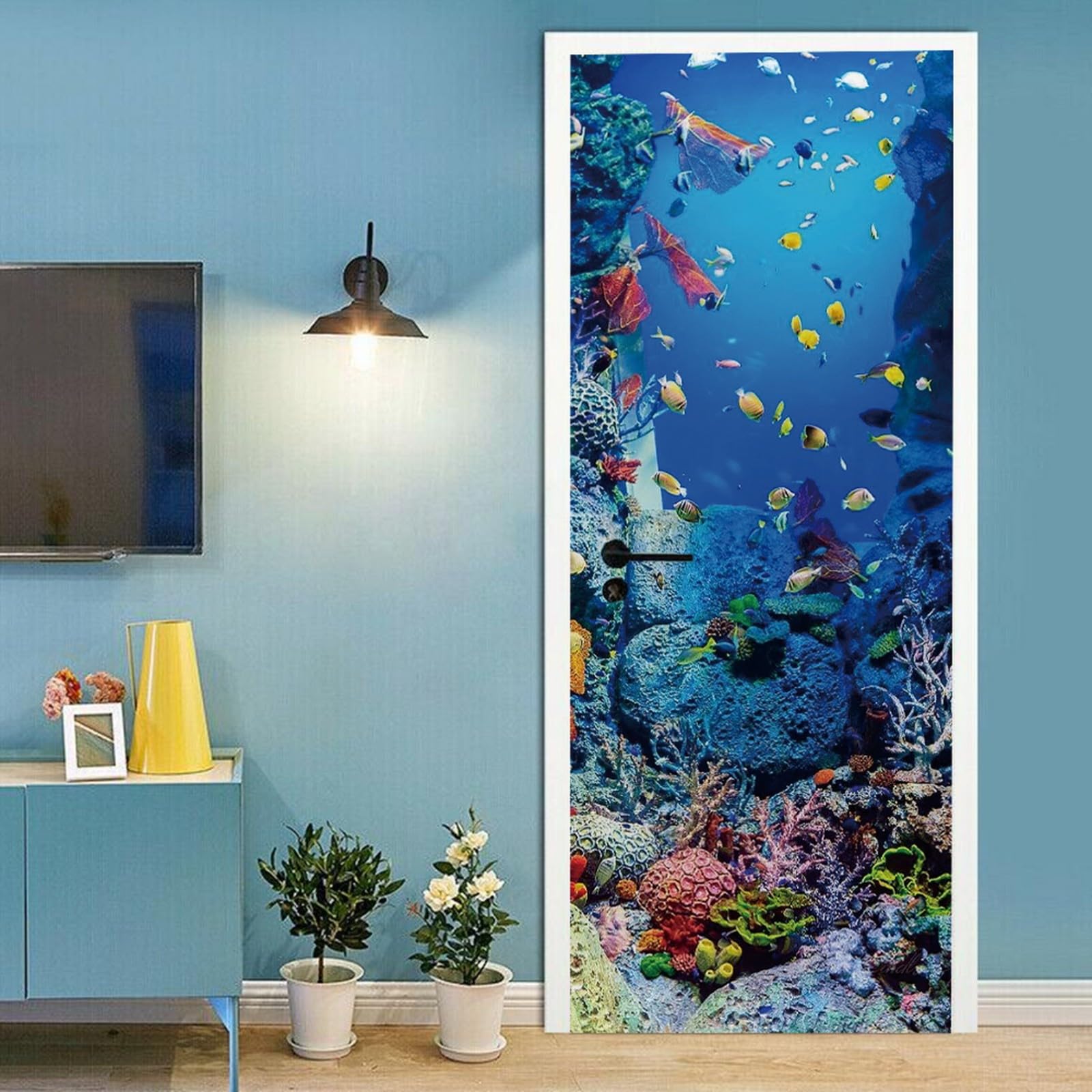 A.Monamour Adesivo Porta Autoadesiva 3D Barriera Corallina Di Pesci Sottomarini Sotto Il Tema Nautico Del Mare Vinile PVC Adesivi per Porte Interne Pellicola Adesiva Poster Murale Parete 85x200cm