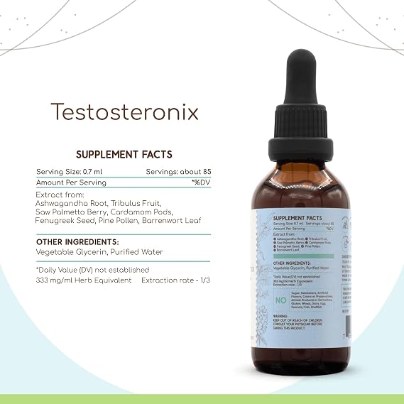 HerbEra Testosteronix B60 Alcohol-Free Extract, Concentrated Liquid Drops: Ashwagandha, Tribulus Fruit, Saw Palmetto Berry, Cardamom Pods, Barrenwort, Fenugreek. Wildcrafted: Pine Pollen. 2 Oz