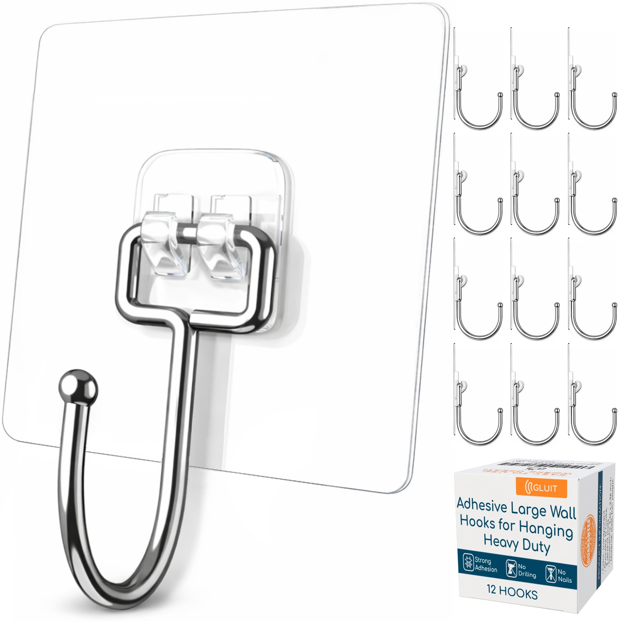 GLUIT Adhesive Large Wall Hooks for Hanging Heavy Duty 22 lbs Hooks for Walls No Damage, Towel Sticky Clear Hooks, Waterproof, Home, Bathroom, Kitchen, Office, and Outdoor 12 Pack