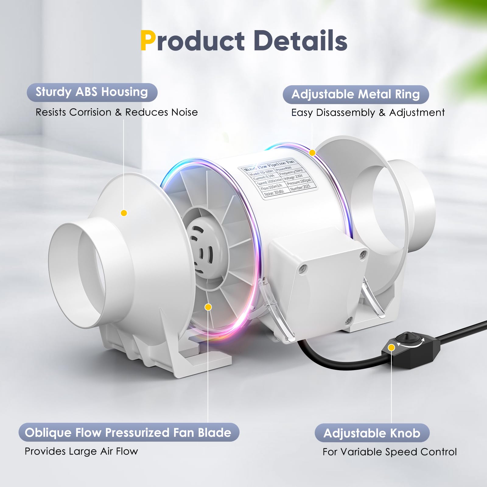 Extractor de aire en línea de para baño, extractor de humos con caudal de aire de 310 m³/h, control de velocidad variable, bajo nivel de ruido, para cocina, hidroponía y sótano