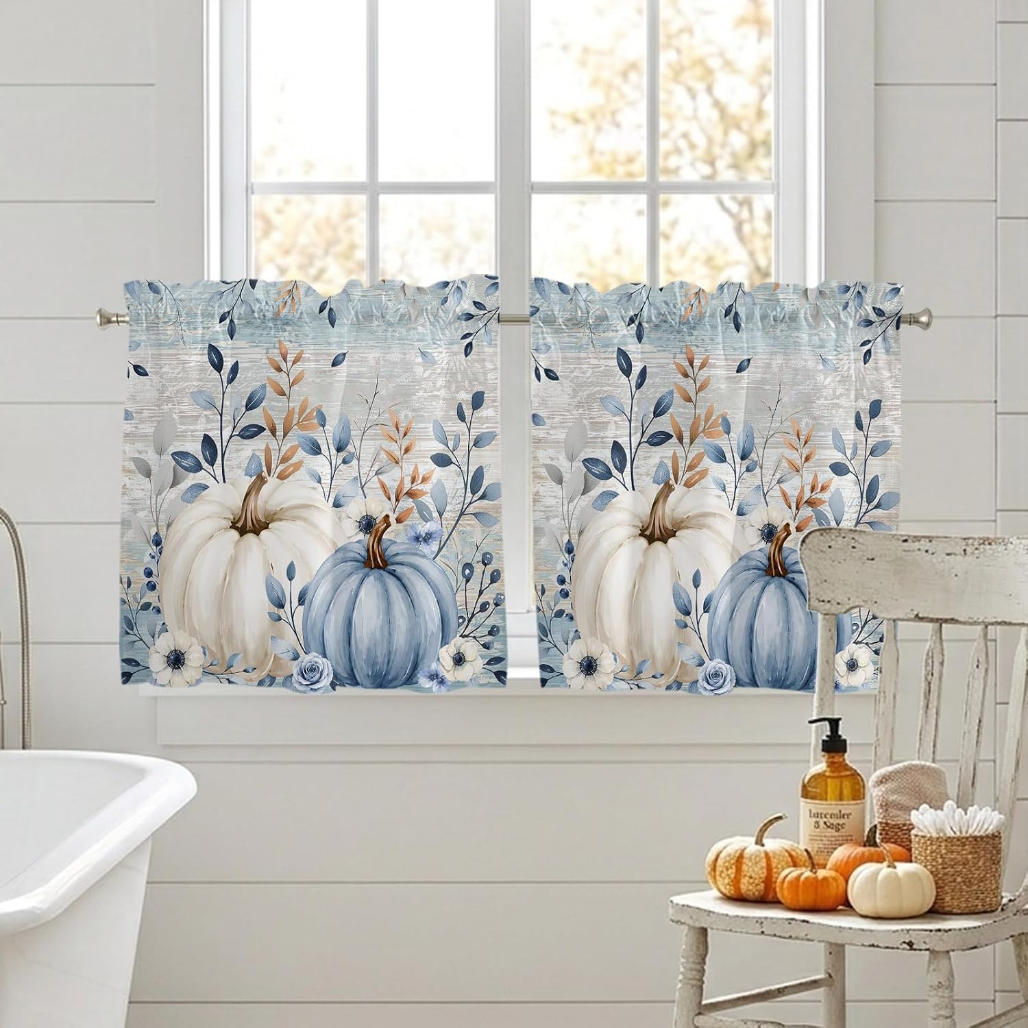 White Blue Pumpkin Fall Half Window Curtains 24 Inches Long, Thanksgiving Window Treatment Curtain Drapes, Retro Eucalyptus Gray Wooden Short Curtains Tiers for Kitchen, Over Sink, 27.5"x24", 2 Panels