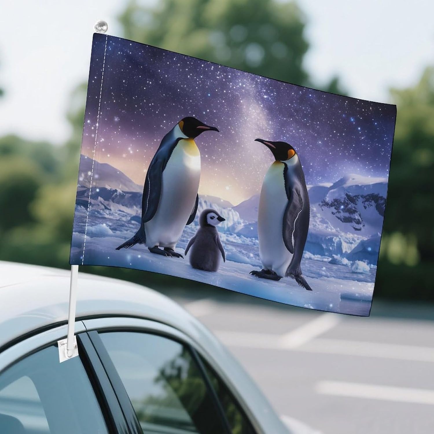 Cute Penguin Family Car Flag Polyester Clip Flags Mini Handheld Banners for Auto Outside Travel Decor image 4