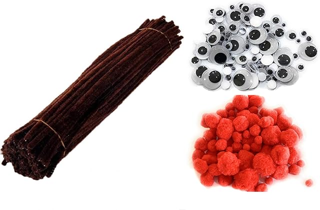 300 PCS Brown Pipe Cleaners Chenille Stems Fluffy Red Pom Poms and Googly Eyes Pack Christmas Rudolph Making Set
