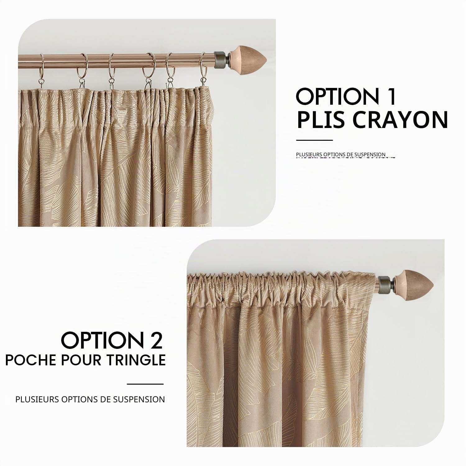 MIULEE Velours Feuille dorée Galon 2p L140 H245 Beige | Rideau velours isolant thermique opaque à galon froncé, motif feuille dorée pour salon et chambre