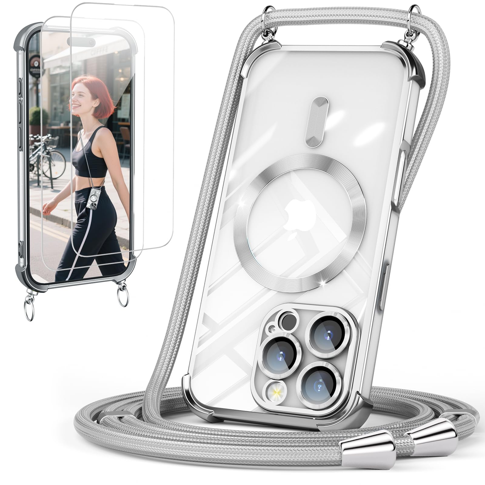 GOODVISH Handykette für iPhone 17 Pro Max Hülle mit Band, Silber | mit 2 Stück Schutzfolie, mit Kamera Schutz, Necklace Handyhülle mit kette, Transparent 360° Schutz Magnetisch Case 6,9