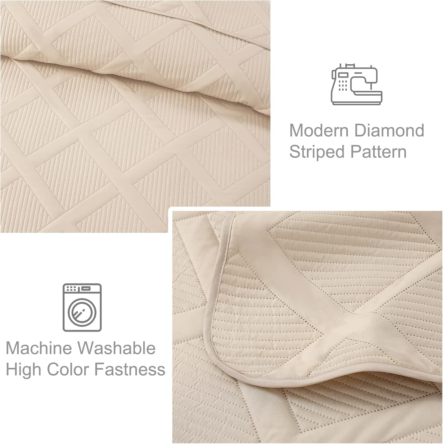 Exclusivo Mezcla Ultrasonic Quilt Set King Size, 3 Pieces Beige King Quilt (106"x96") with 2 Pillow Shams, Lightweight Bedspreads Modern Striped Coverlet Set for All Seasons : Home & Kitchen