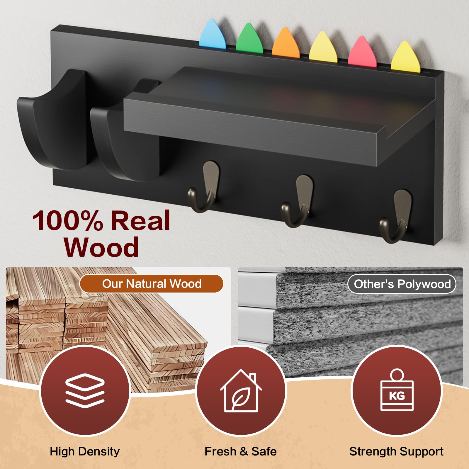 Bikoney - Colgador de pared para guitarra, soporte de pared para guitarra, madera con 3 ganchos, color negro