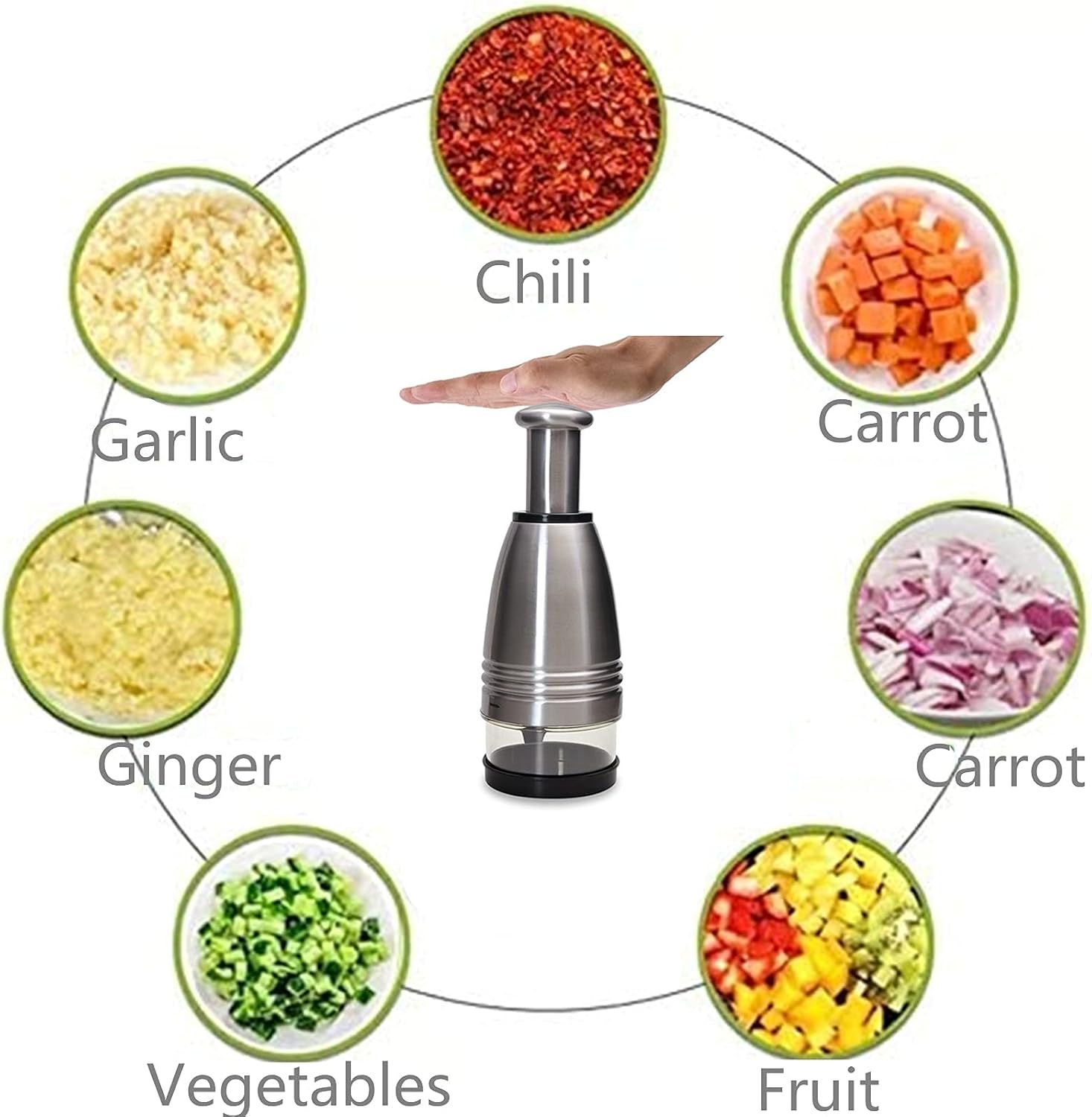 Food Chopper Handheld Manual Slicer Dicer, Food Processor Stainless Steel Sharp Cutter, Slap Press Chopper Mincer for Fruit, Vegetable, Garlic, Nut or Salad（200ML6.7oz）