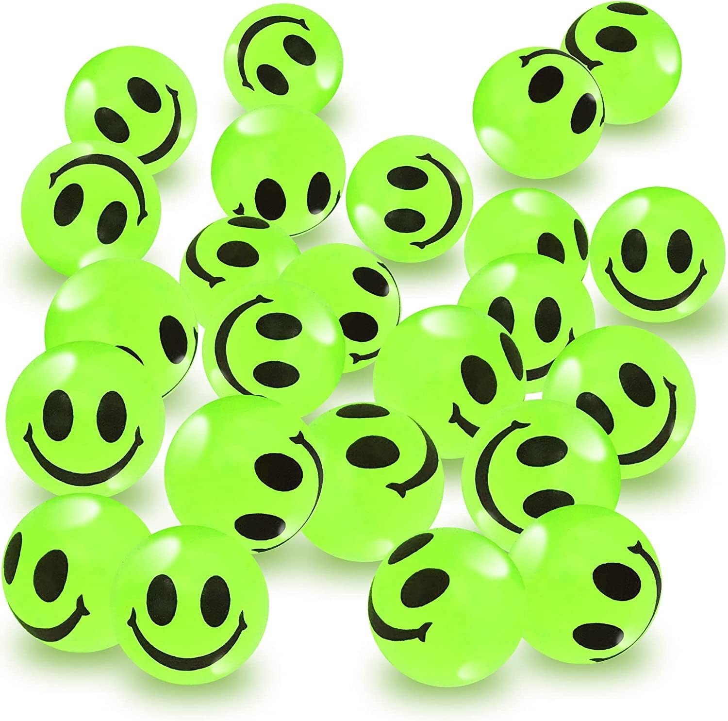 BOBBYQ Glow in The Dark Smile Face Bouncing Balls - Bulk Pack of 36, 1 Inch High Bounce Bouncy Balls for Kids, Glowing Party Favors and Goodie Bag Fillers for Boys and Girls