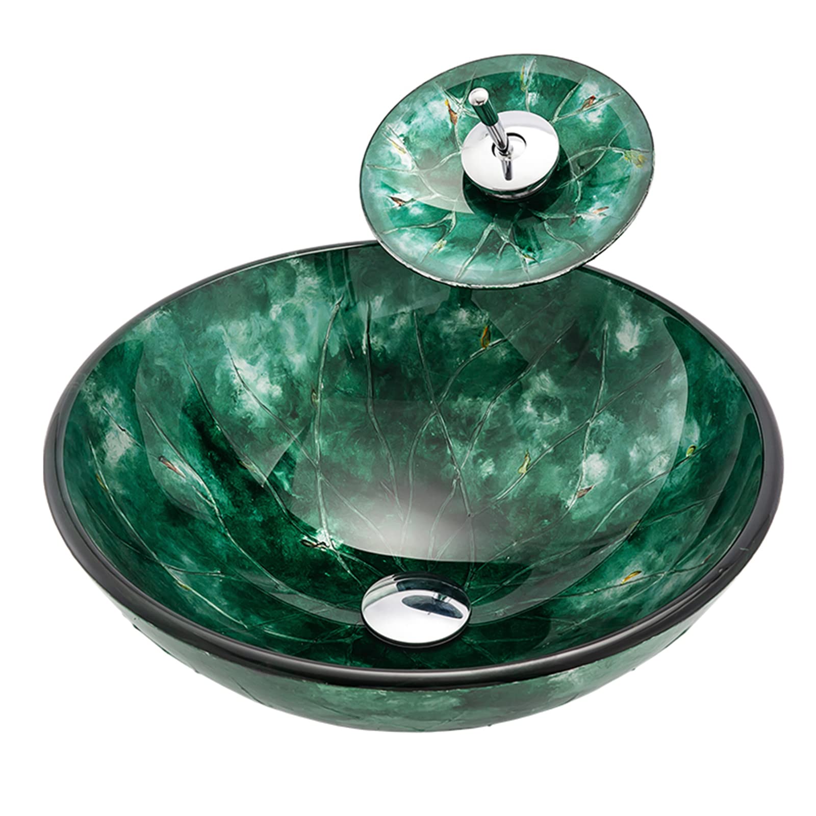 ASerZenith Bathroom Vessel Sink,16.5" Artistic Tempered Glass Vessel Sink With Waterfall Faucet,Green Above Counter Round Bowl Basin With Pop Up Drain
