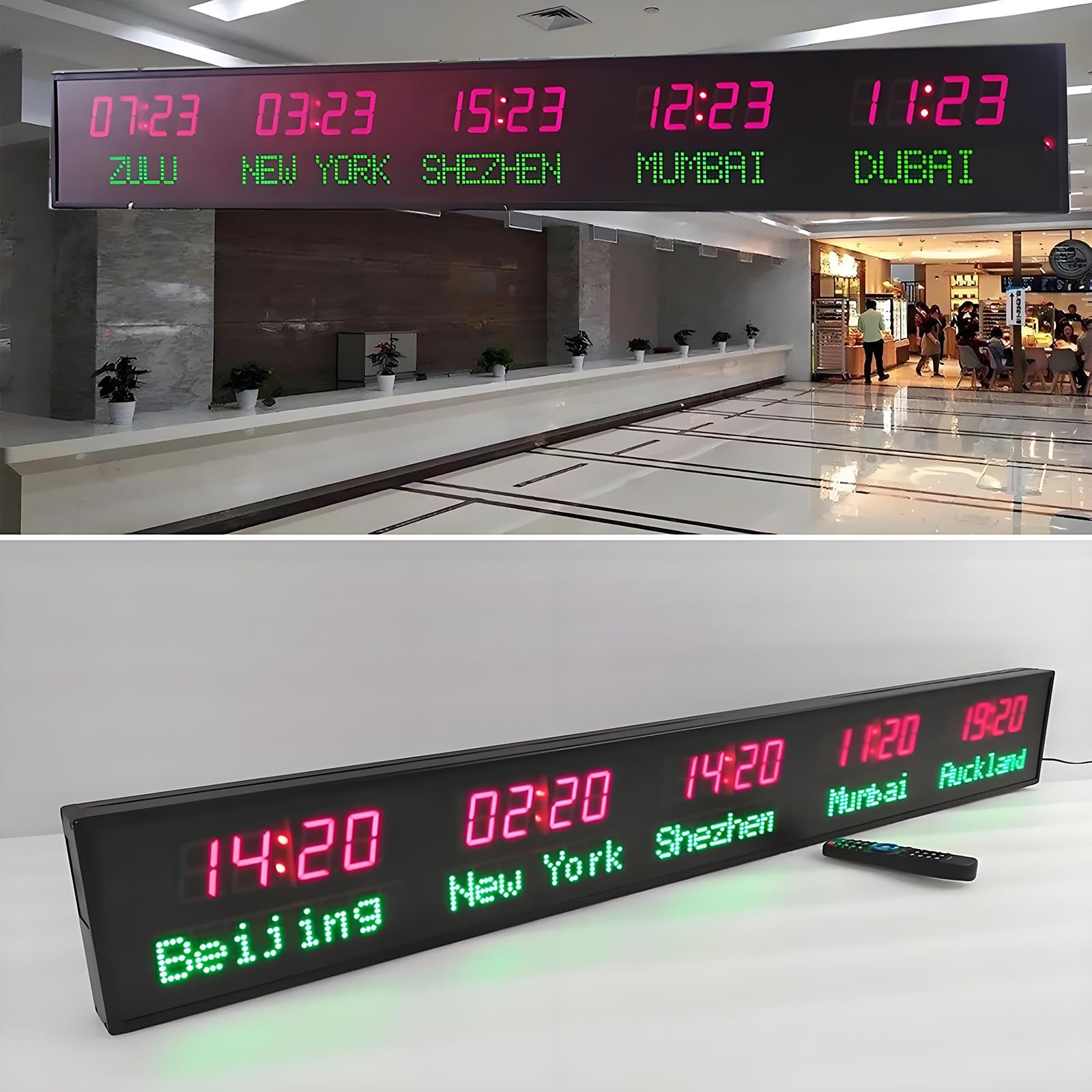 Zegar światowy 5 stref czasowych LED, cyfrowy zegar wielostrefowy, LED zegar światowy, zegar ścienny, zegar światowy 5 miast (Red+white)