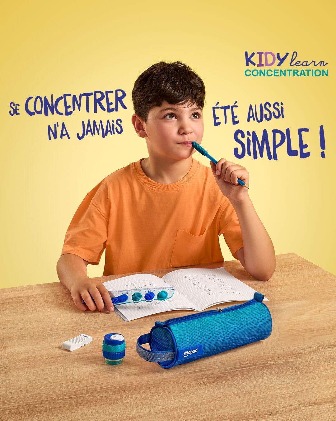 Maped Kidy Learn Concentration - 20 Ergonomic Graphite Pencils with Relaxing Tip for Chewing - HB2 Refill - Textured Barrel with Handle