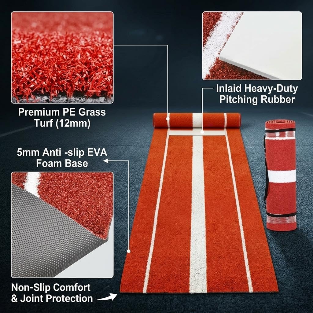 10x3 ft Baseball Softball Pitching Mat, Real Rubber Mound and Stride Lines, 3-Layer Anti-Slip EVA Base Pitching Trainer for Indoor Outdoor Use, Red