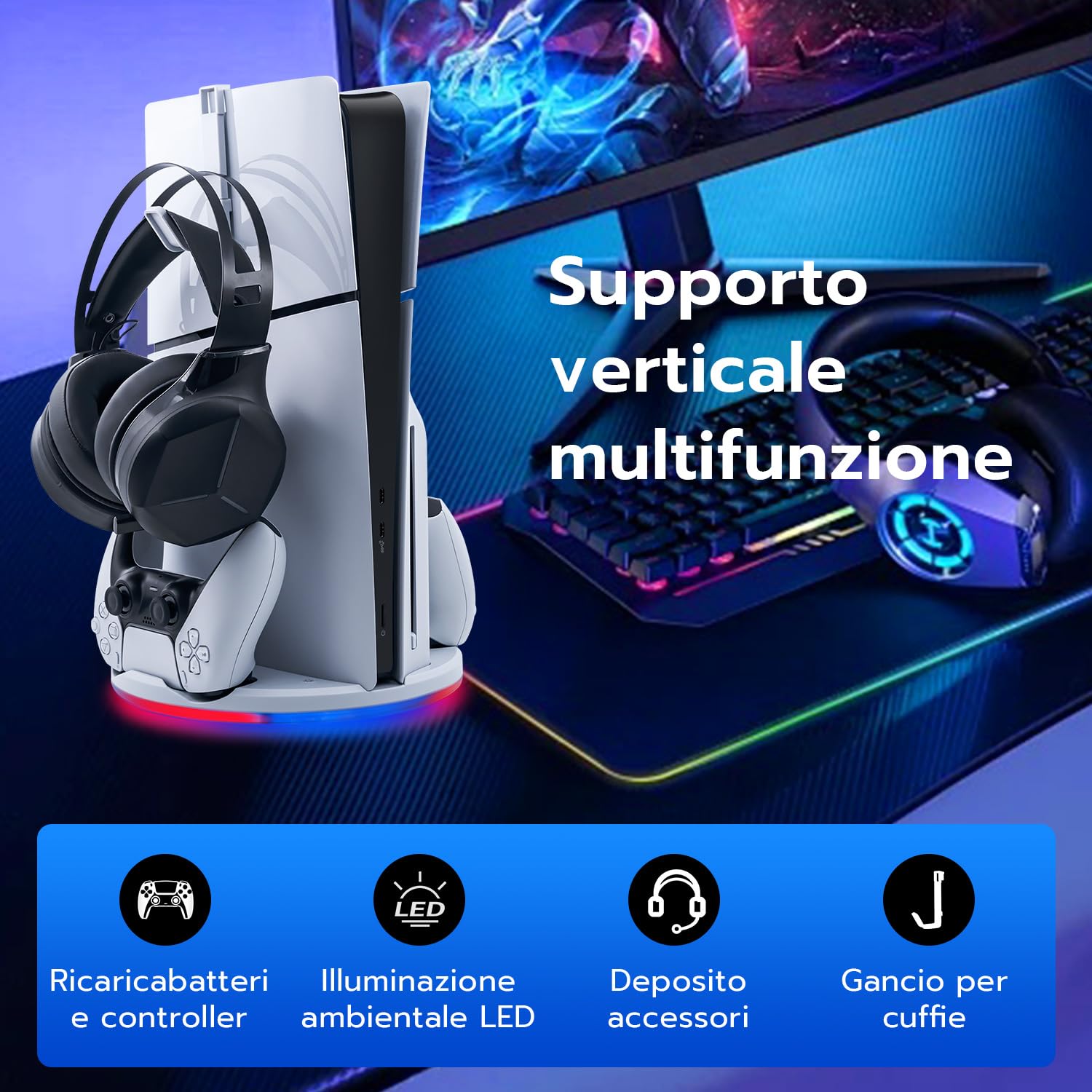 Wigearss Supporto Verticale PS5 Slim con Doppio Caricatore Controller, Base di Ricarica Joystick PS5 con Illuminazione RGB per PS5 Slim DE/UHD, Non per PS5/PS5 Pro