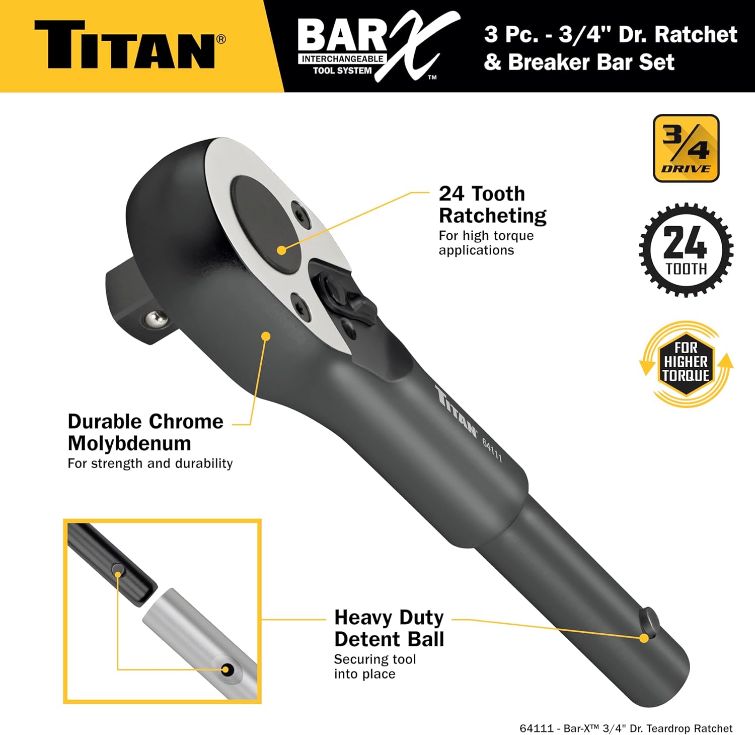 Titan Bar-X 64143 3-Piece 3/4-Inch Drive Interchangeable Ratchet and Breaker Bar Set