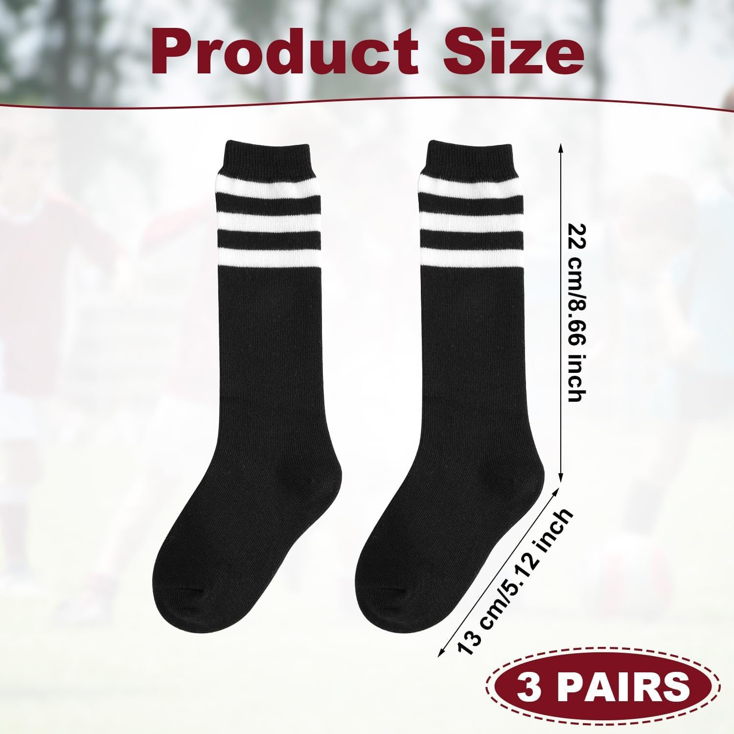 3 Pairs Soccer Socks, Soft Cotton Athletic Socks Mid Tube Socks Youth Socks Mid-Calf Socks for Sport Boys Girls Gift (Black Background White Stripes)