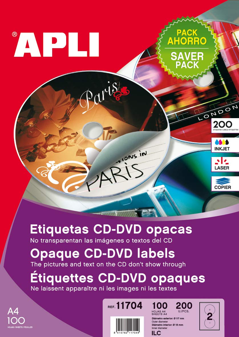 APLI 11704 - Etiquetas CD/DVD permanentes tamaño mega (Ext.: Ø 117 mm - Int.: Ø 18 mm) Ydorso opaco, pack de 100 hojas I/L/C