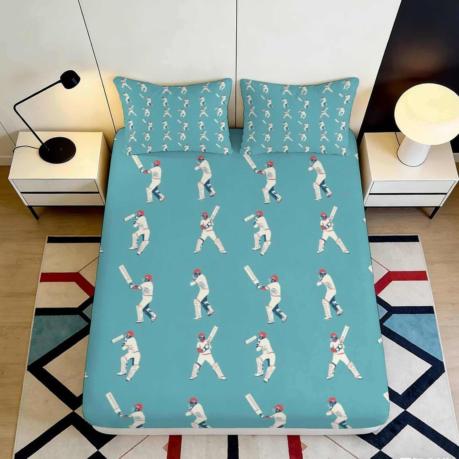 Decorative teal cricketer pattern Fitted Sheet, 3D Printed, Microfiber, soft touch, wrinkle resistant, bedroom, guest room bedding 90x200x25cm
