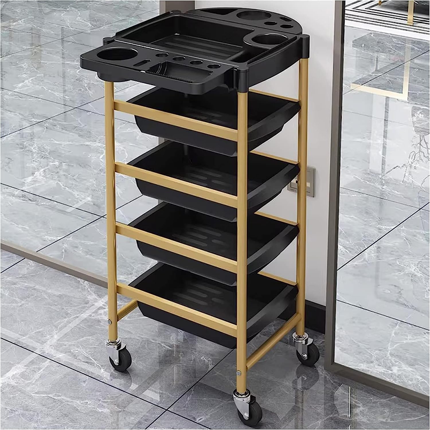 Carrito de almacenamiento rodante de 5 niveles con bandeja plegable y estante para secador de pelo para organización de salón, carrito de almacenamiento de herramientas