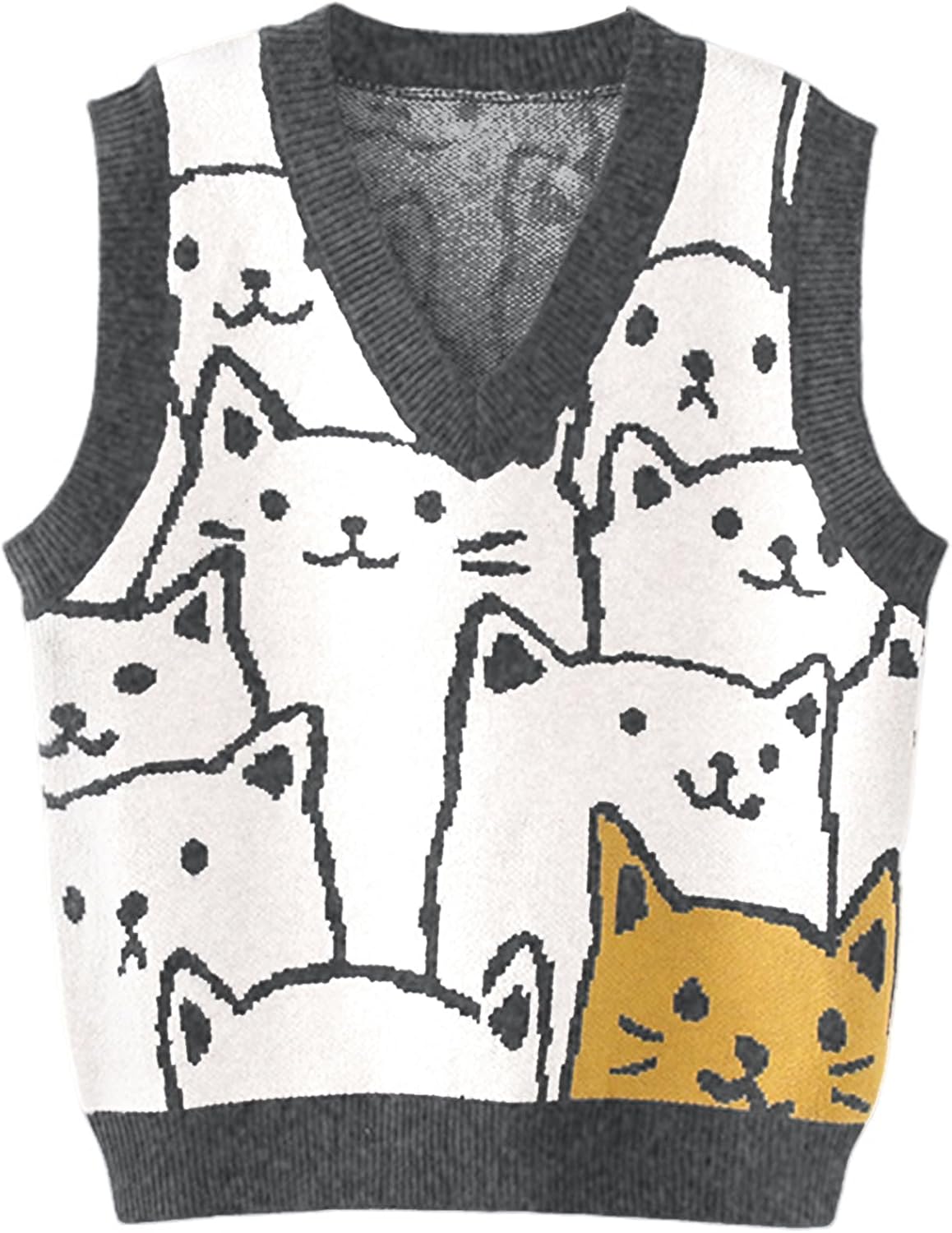 Gihuo Womens Cat Sweater Vest V Neck Y2k Graphic Knitted Vests Pullover Sleeveless Knitwear Cute Tunic Knit Top