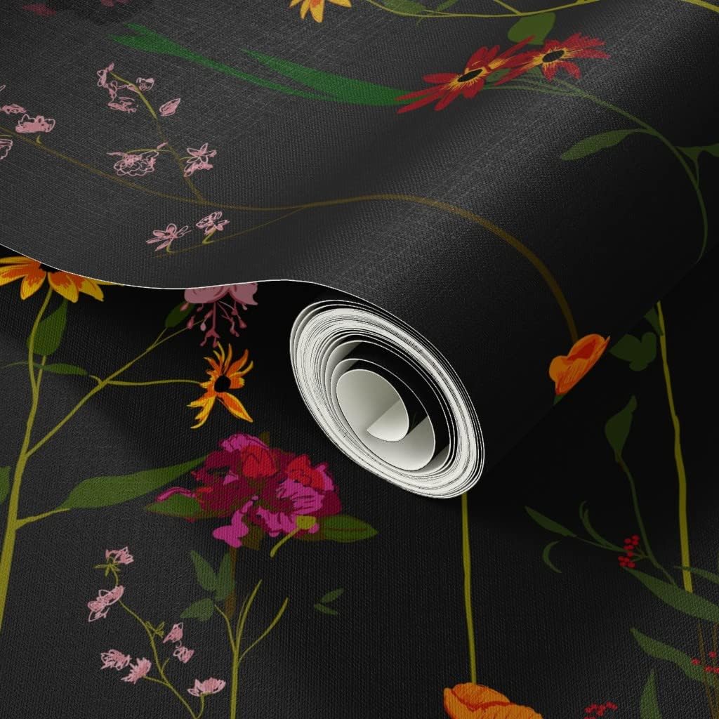 Peel & Stick Wallpaper 6ft x 2ft - Moody Floral Dark Flower Stripe Wildflower Minimal Midcentury Modern Stripes Custom Removable Wallpaper by Spoonflower