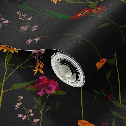 Miniatura 2 de Spoonflower Papel tapiz autoadhesivo de 6 x 2 pies  Moody Floral Dark Flower Stripe Wildflower Minimalista Mid Century Modern Stripes Custom