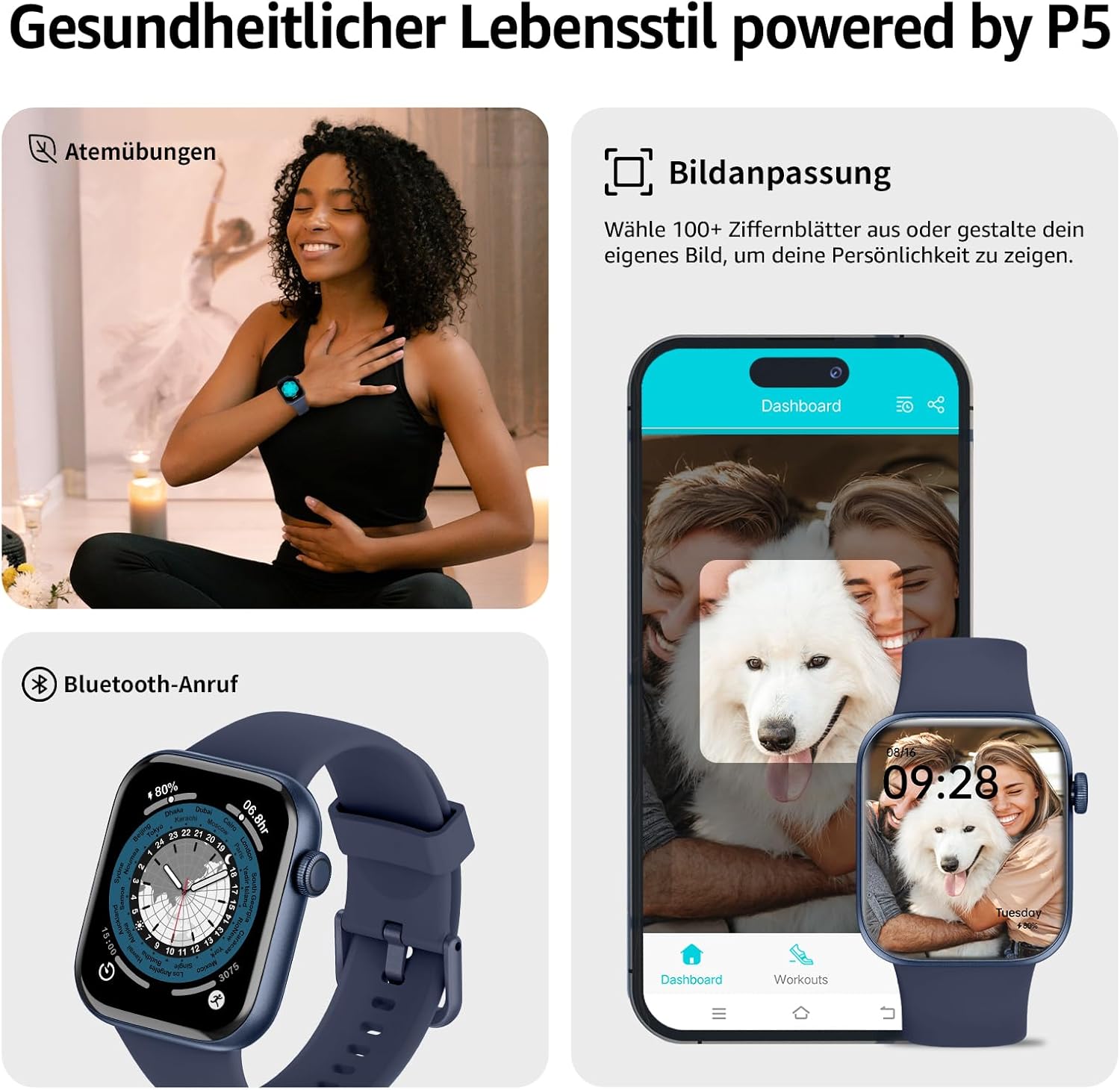 Smartwatch features including breathing exercises and custom watch faces