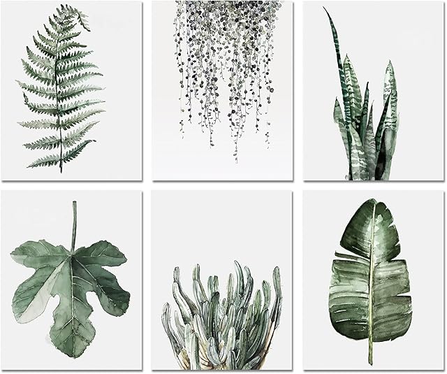 Green Leaves Botanical Wall Art - Plant Decor for Bedroom Living Room Contemporary Natural Poster Prints Leaf Bathroom Kitchen Office Decor Set Tropical Canvas Succulent Paintings (8"X10" Unframed)