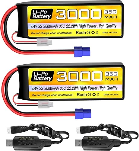 Fytoo 2 unidades 2S Lipo batería 7.4 V 3000 mAh 35C con enchufe EC3 con 2 cables de carga USB para RC coche, camión, barco, cuadricóptero FPV Drone