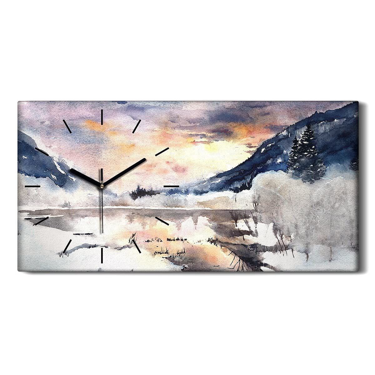 Horloge sur toile salon et chambre motif paysage d'hiver et lac